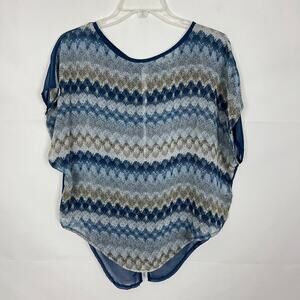 Ya Silk Blend Diamond Print Chiffon Blue Top Size M Workwear Casual